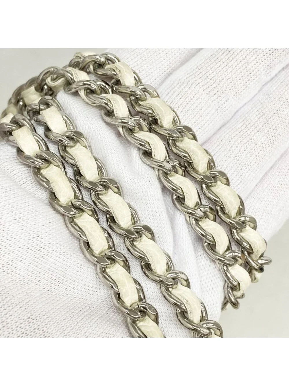 Chanel Shoulder Bag Perforated Leather Ivory Silver